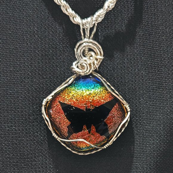 Rula Glass Jewelry - VIBRANT * Butterfly Rainbow DICHROIC Sterling Silver Wire-Wrapped Glass Pendant